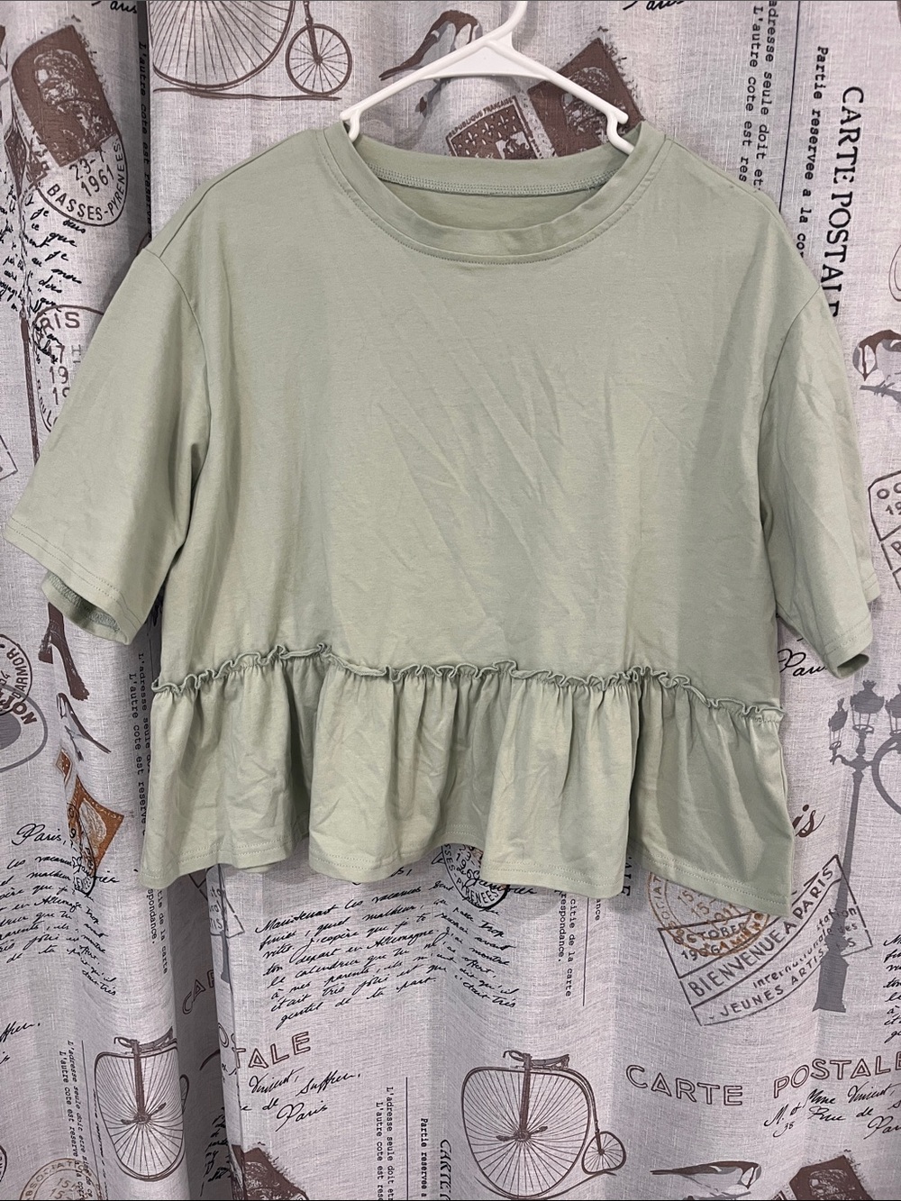 Amazon Essentials Sage Green Ruffle-Hem Crop Top